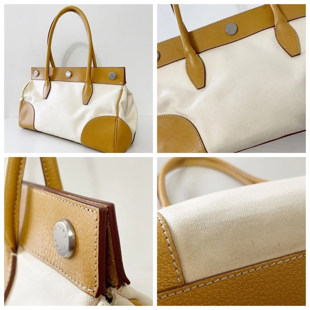 Prada Canapa canvas and orange leather button detail satchel bag